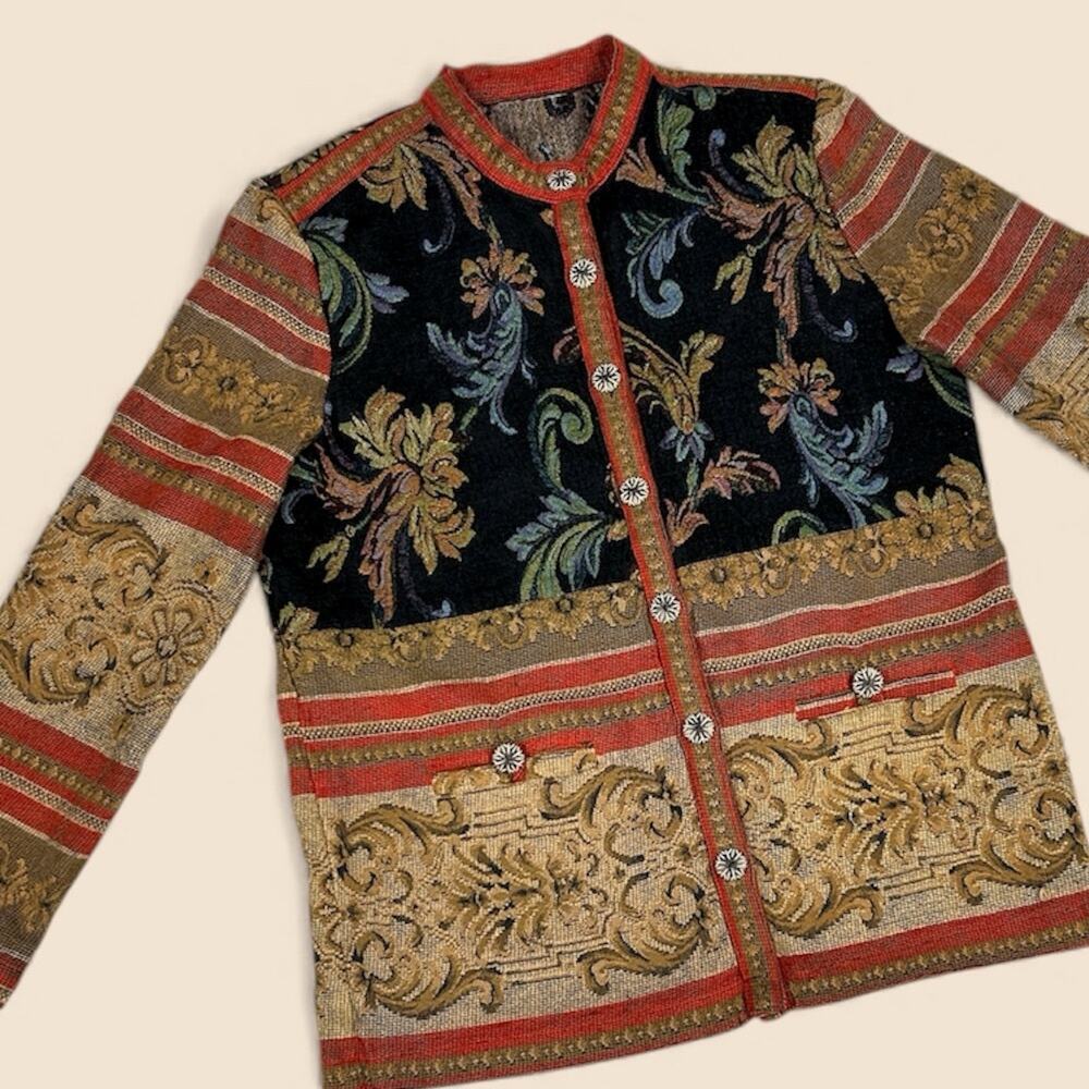 Vintage Tapestry Knit Jacket Southwestern Boho Art to Wear Floral Coat Medium